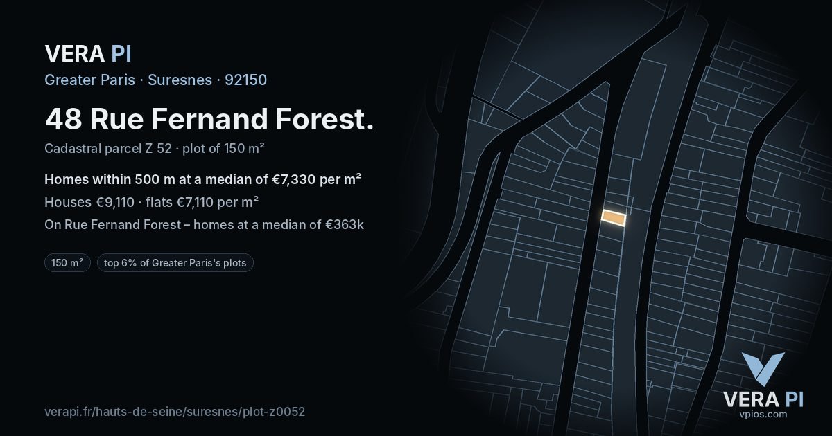 48 Rue Fernand Forest, Suresnes at night – the plot lit, the parcels around coloured by the prices near them