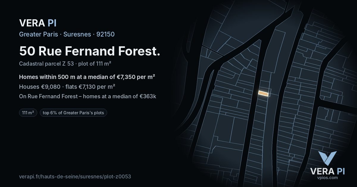 50 Rue Fernand Forest, Suresnes at night – the plot lit, the parcels around coloured by the prices near them