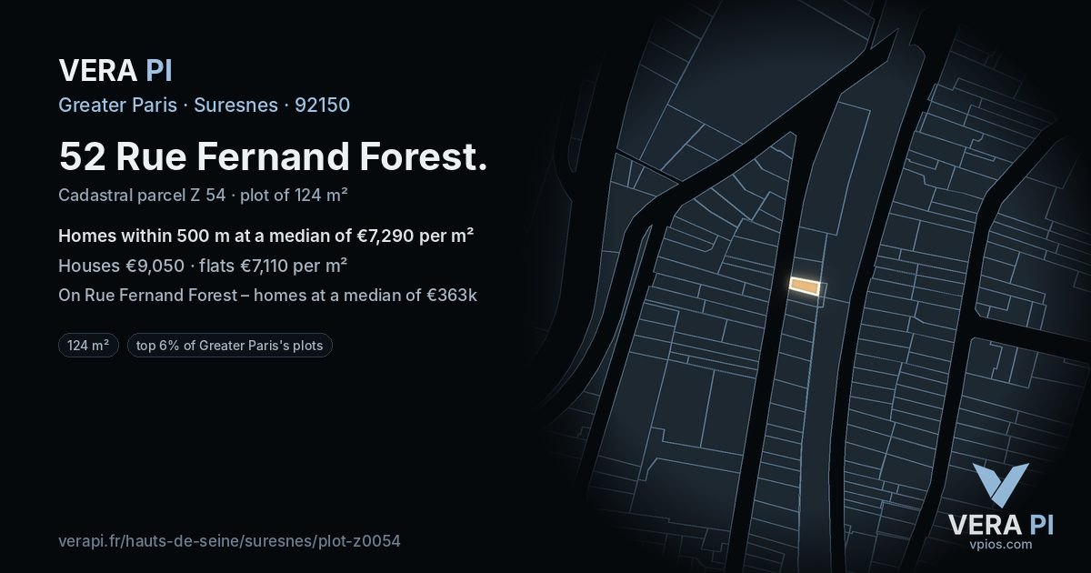 52 Rue Fernand Forest, Suresnes at night – the plot lit, the parcels around coloured by the prices near them