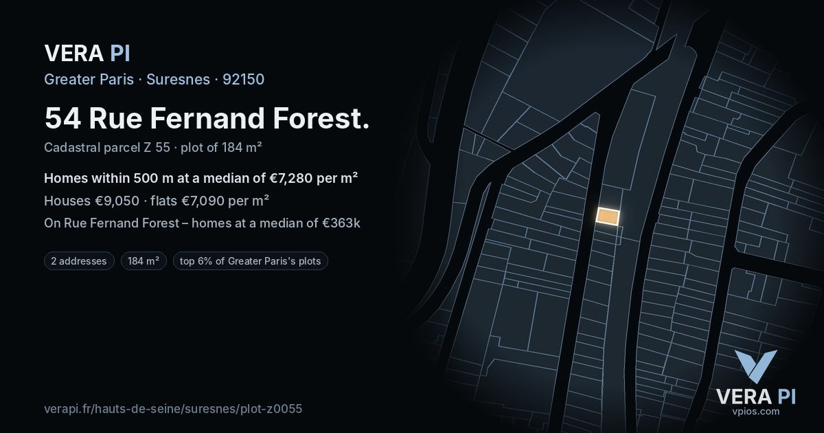 54 Rue Fernand Forest, Suresnes at night – the plot lit, the parcels around coloured by the prices near them