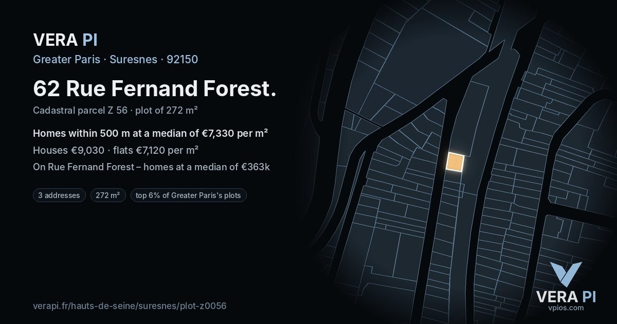 62 Rue Fernand Forest, Suresnes at night – the plot lit, the parcels around coloured by the prices near them