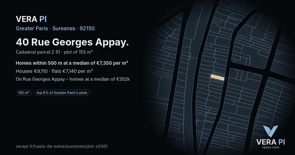 40 Rue Georges Appay, Suresnes at night – the plot lit, the parcels around coloured by the prices near them
