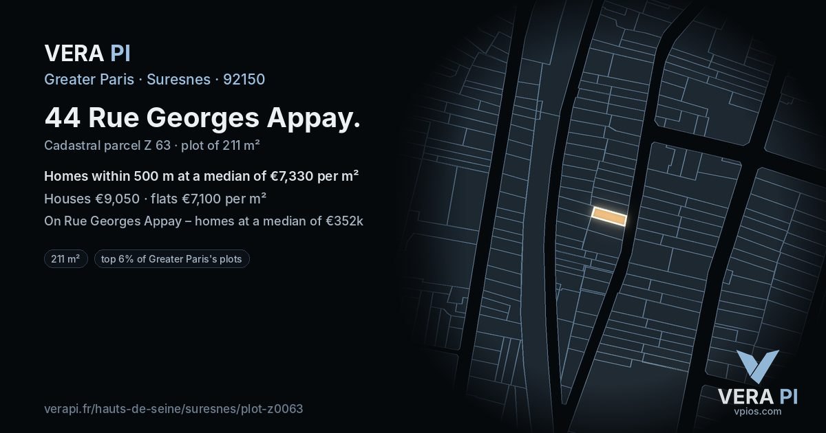 44 Rue Georges Appay, Suresnes at night – the plot lit, the parcels around coloured by the prices near them