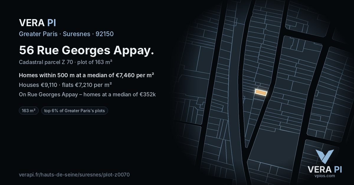 56 Rue Georges Appay, Suresnes at night – the plot lit, the parcels around coloured by the prices near them