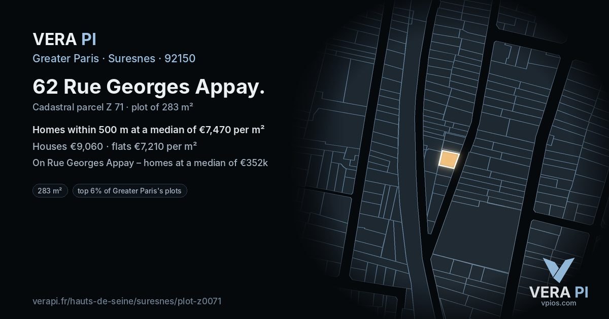 62 Rue Georges Appay, Suresnes at night – the plot lit, the parcels around coloured by the prices near them
