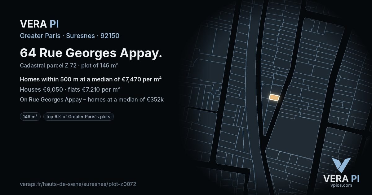 64 Rue Georges Appay, Suresnes at night – the plot lit, the parcels around coloured by the prices near them