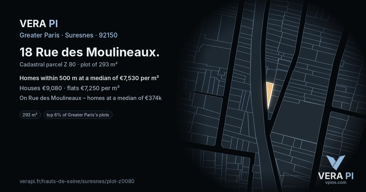 18 Rue des Moulineaux, Suresnes at night – the plot lit, the parcels around coloured by the prices near them