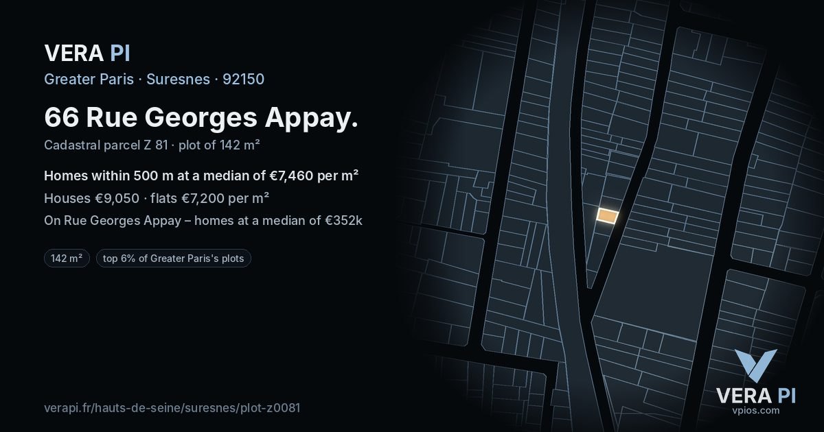66 Rue Georges Appay, Suresnes at night – the plot lit, the parcels around coloured by the prices near them