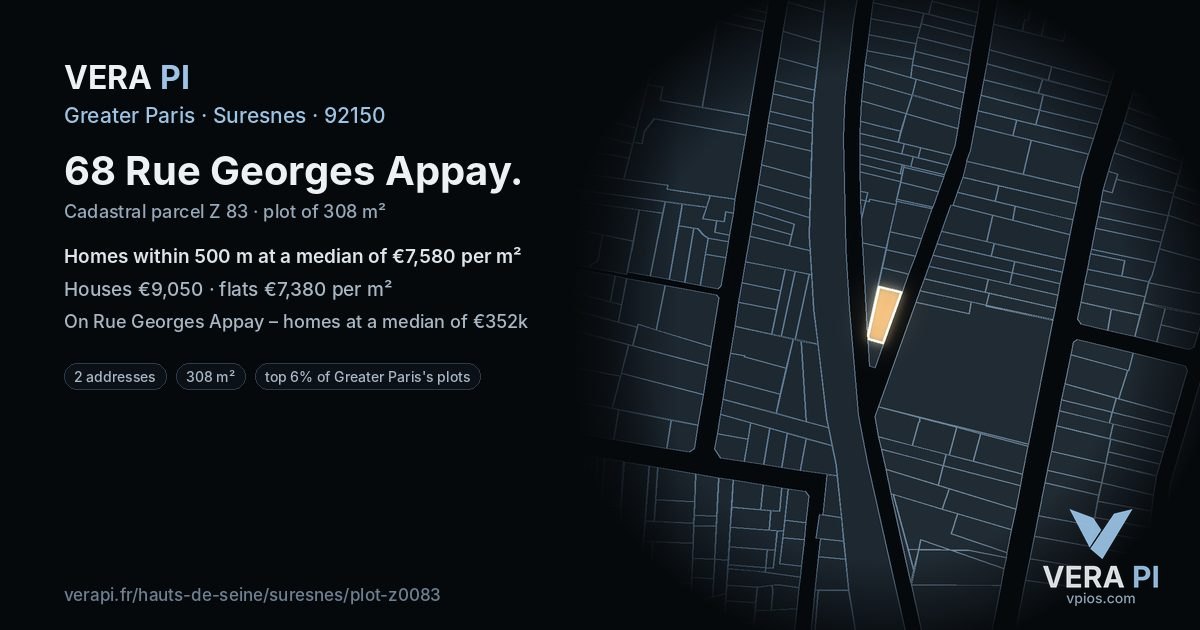 68 Rue Georges Appay, Suresnes at night – the plot lit, the parcels around coloured by the prices near them