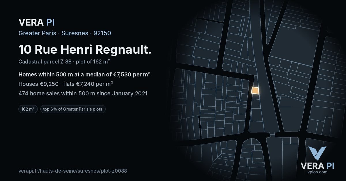 10 Rue Henri Regnault, Suresnes at night – the plot lit, the parcels around coloured by the prices near them