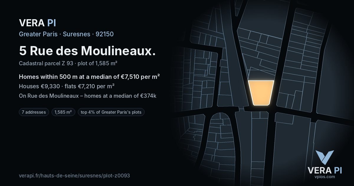 5 Rue des Moulineaux, Suresnes at night – the plot lit, the parcels around coloured by the prices near them