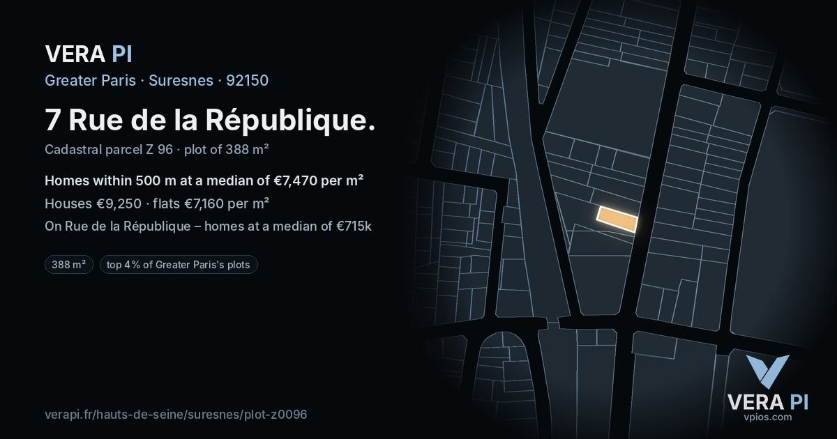 7 Rue de la République, Suresnes at night – the plot lit, the parcels around coloured by the prices near them