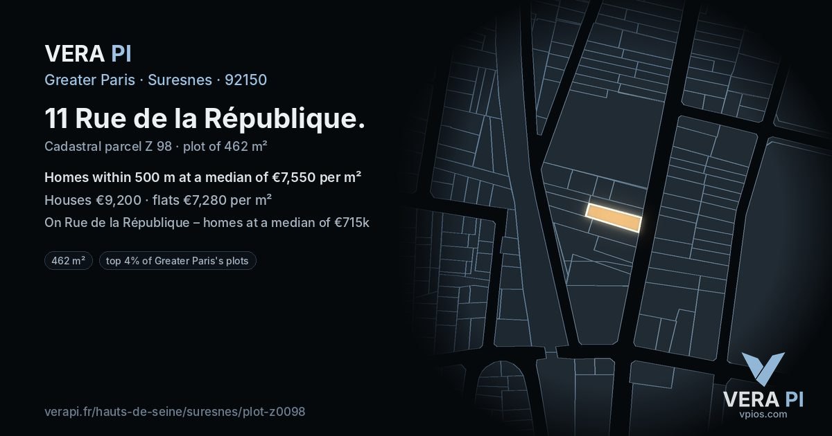 11 Rue de la République, Suresnes at night – the plot lit, the parcels around coloured by the prices near them