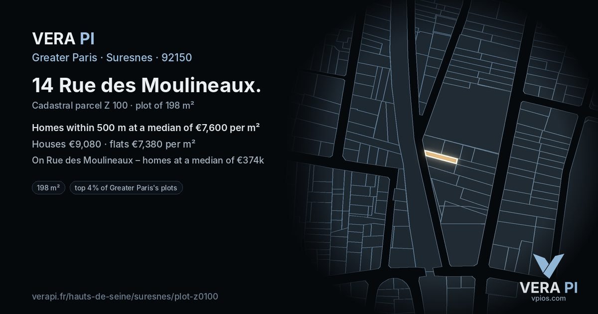 14 Rue des Moulineaux, Suresnes at night – the plot lit, the parcels around coloured by the prices near them