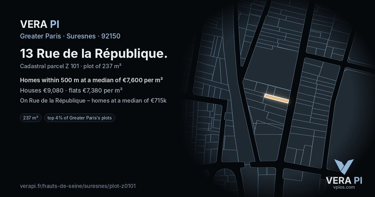 13 Rue de la République, Suresnes at night – the plot lit, the parcels around coloured by the prices near them