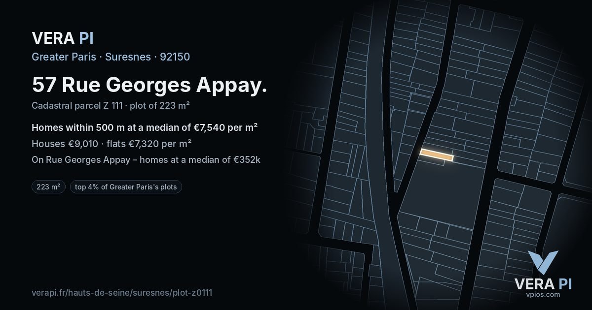 57 Rue Georges Appay, Suresnes at night – the plot lit, the parcels around coloured by the prices near them