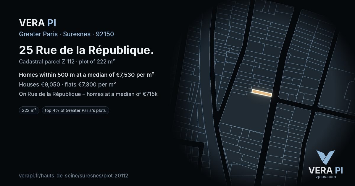 25 Rue de la République, Suresnes at night – the plot lit, the parcels around coloured by the prices near them