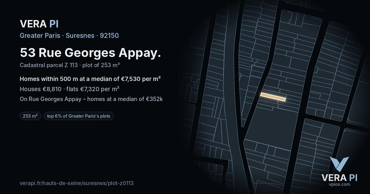 53 Rue Georges Appay, Suresnes at night – the plot lit, the parcels around coloured by the prices near them