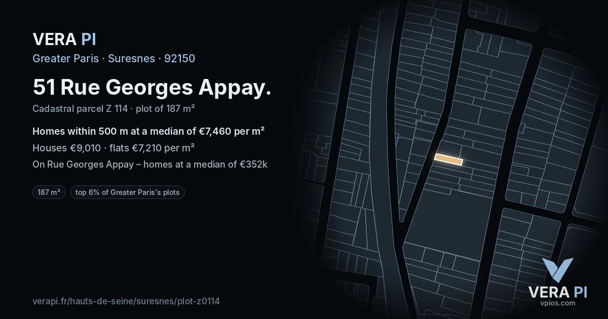 51 Rue Georges Appay, Suresnes at night – the plot lit, the parcels around coloured by the prices near them