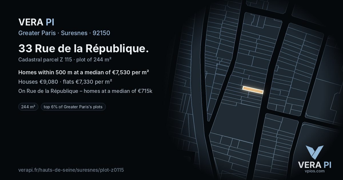 33 Rue de la République, Suresnes at night – the plot lit, the parcels around coloured by the prices near them