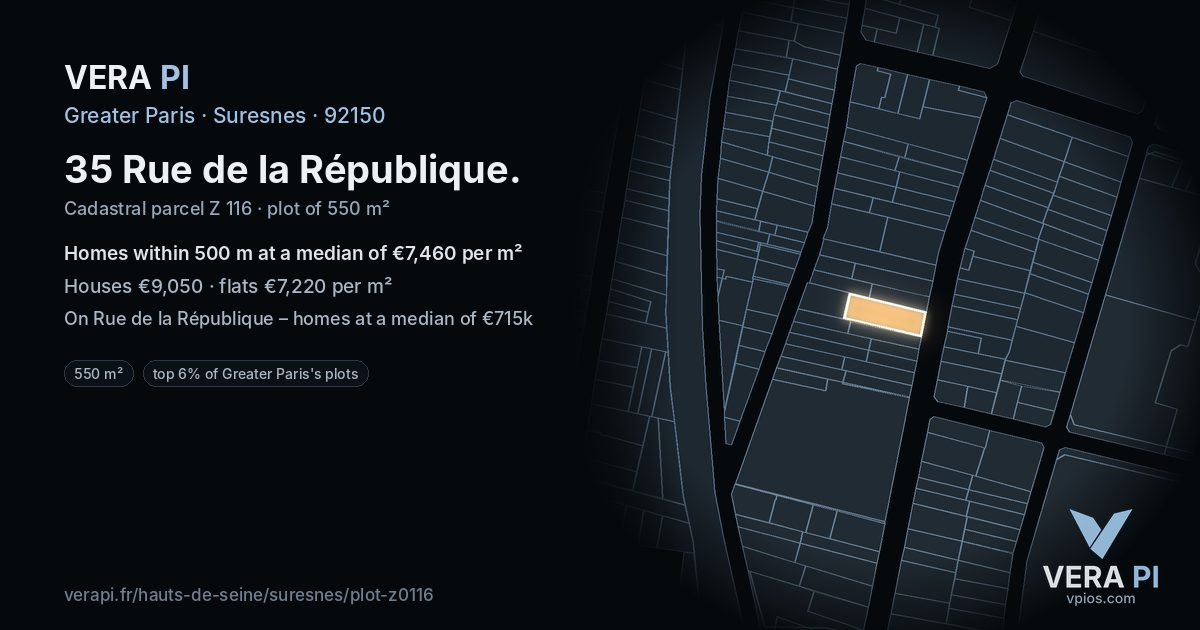 35 Rue de la République, Suresnes at night – the plot lit, the parcels around coloured by the prices near them