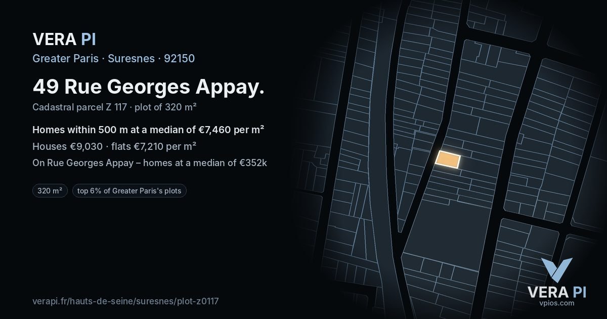 49 Rue Georges Appay, Suresnes at night – the plot lit, the parcels around coloured by the prices near them