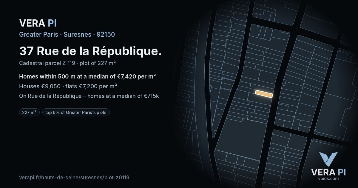 37 Rue de la République, Suresnes at night – the plot lit, the parcels around coloured by the prices near them