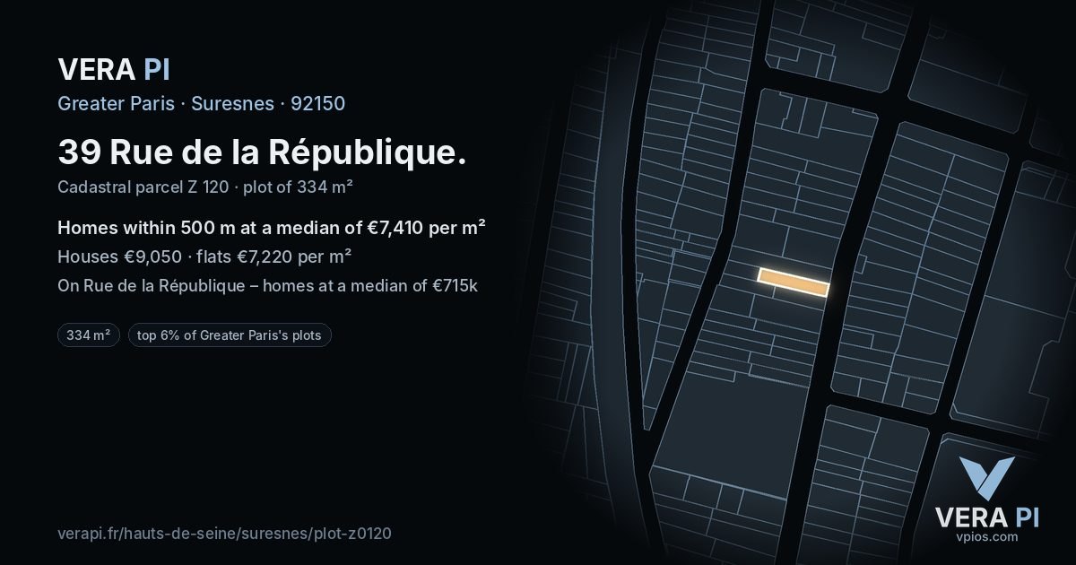 39 Rue de la République, Suresnes at night – the plot lit, the parcels around coloured by the prices near them