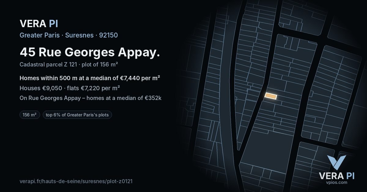 45 Rue Georges Appay, Suresnes at night – the plot lit, the parcels around coloured by the prices near them