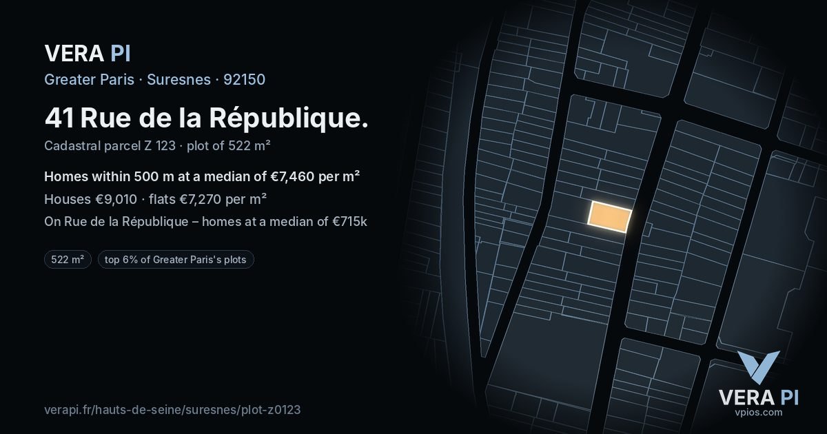 41 Rue de la République, Suresnes at night – the plot lit, the parcels around coloured by the prices near them