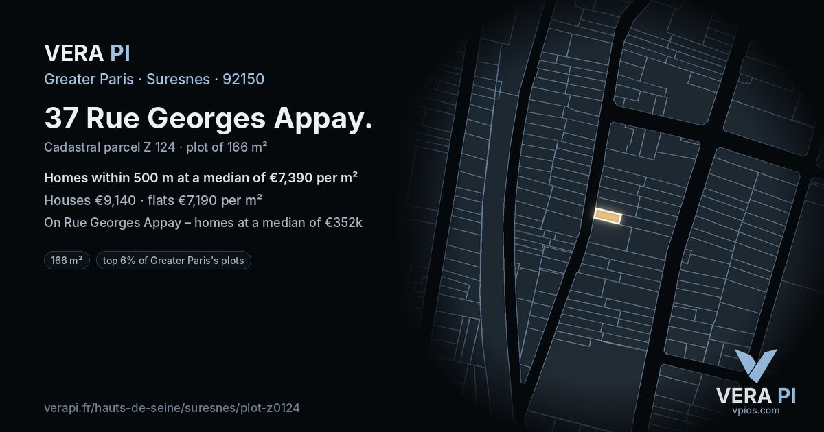 37 Rue Georges Appay, Suresnes at night – the plot lit, the parcels around coloured by the prices near them