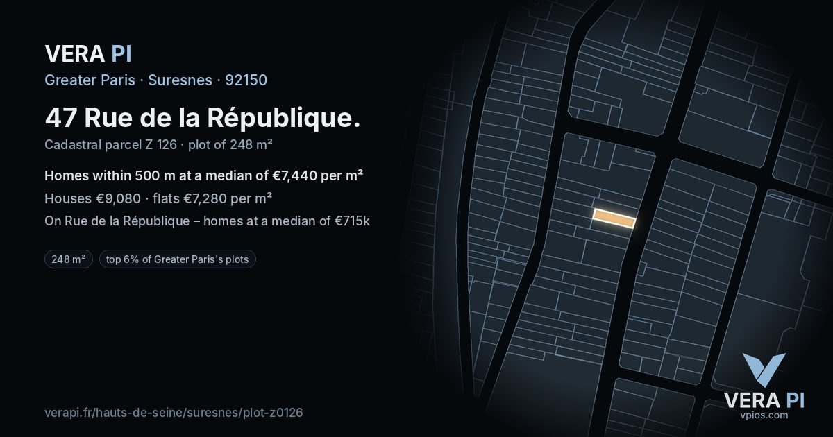 47 Rue de la République, Suresnes at night – the plot lit, the parcels around coloured by the prices near them