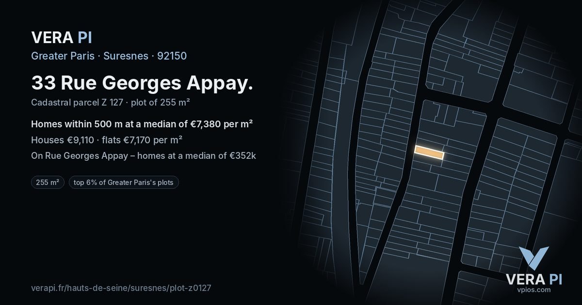 33 Rue Georges Appay, Suresnes at night – the plot lit, the parcels around coloured by the prices near them