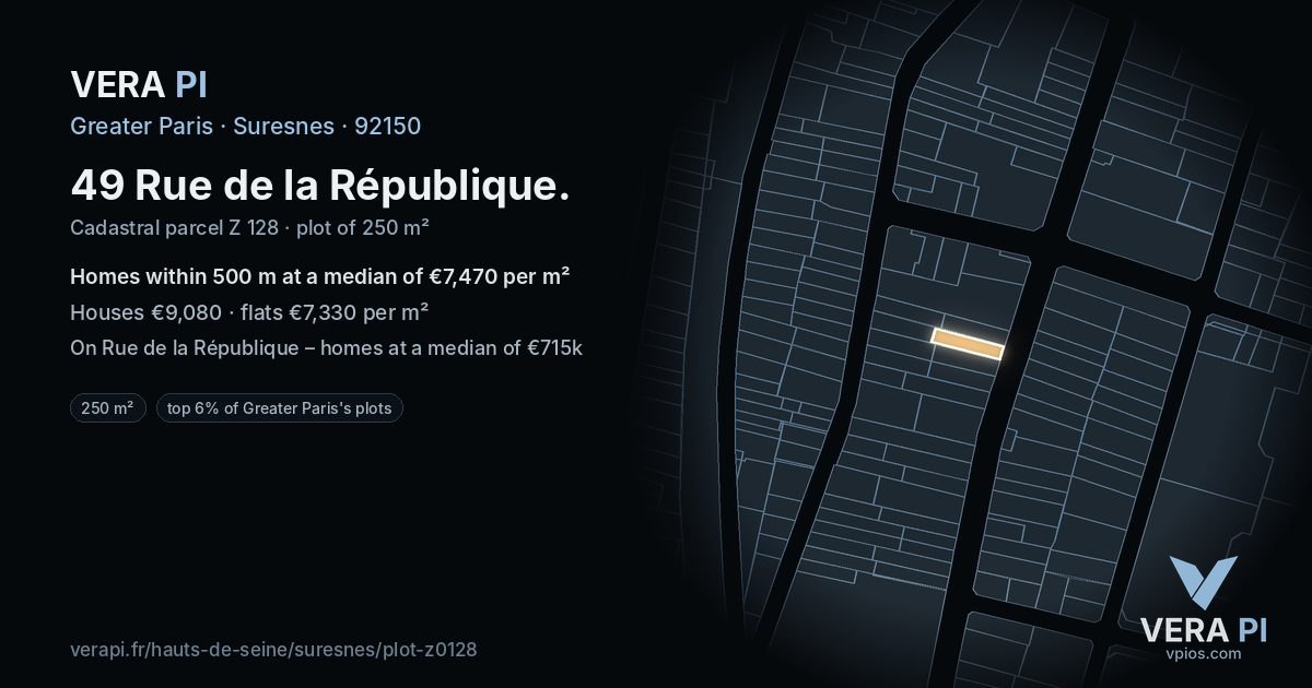 49 Rue de la République, Suresnes at night – the plot lit, the parcels around coloured by the prices near them