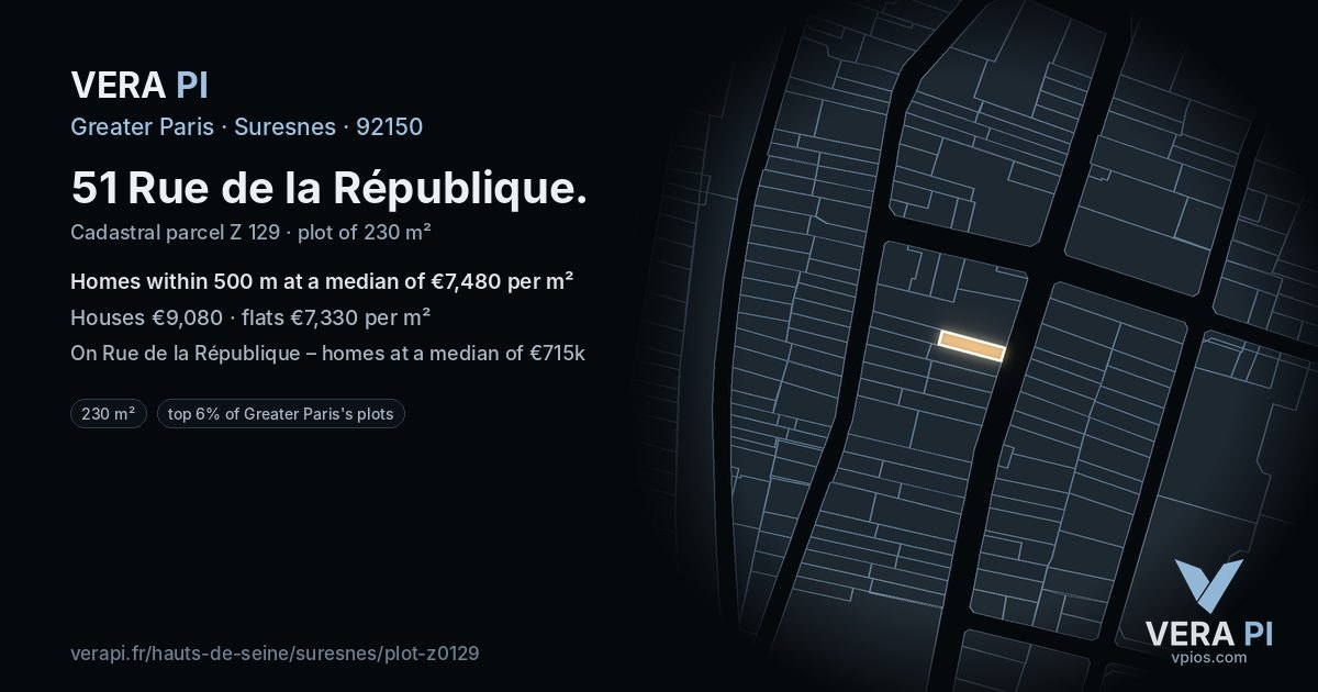 51 Rue de la République, Suresnes at night – the plot lit, the parcels around coloured by the prices near them