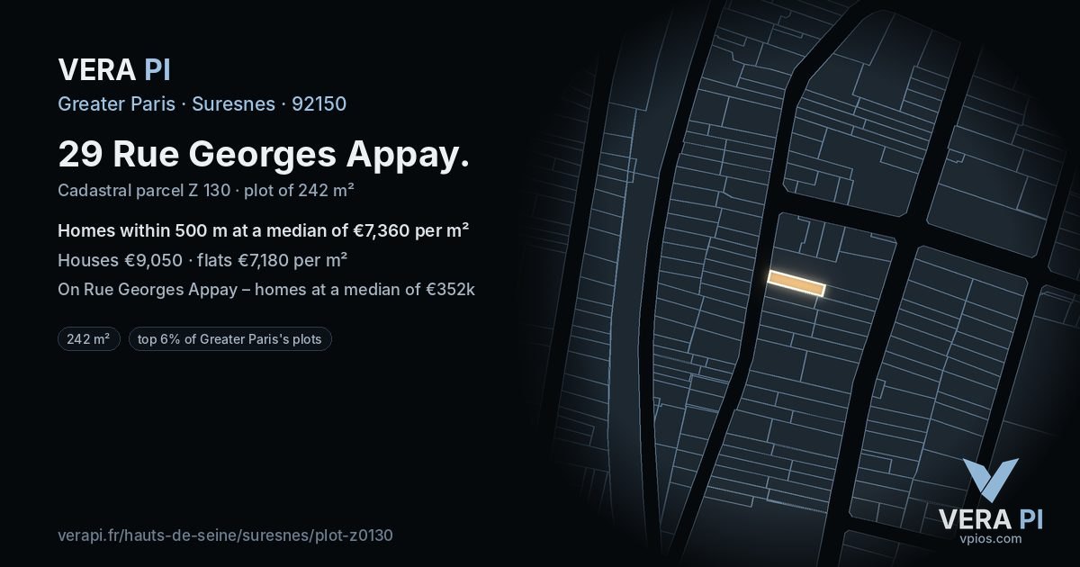 29 Rue Georges Appay, Suresnes at night – the plot lit, the parcels around coloured by the prices near them