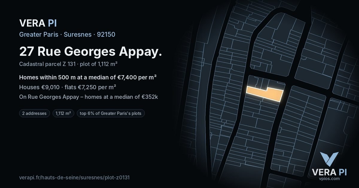 27 Rue Georges Appay, Suresnes at night – the plot lit, the parcels around coloured by the prices near them