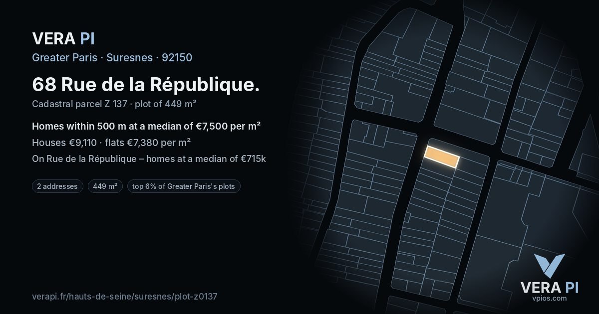 68 Rue de la République, Suresnes at night – the plot lit, the parcels around coloured by the prices near them