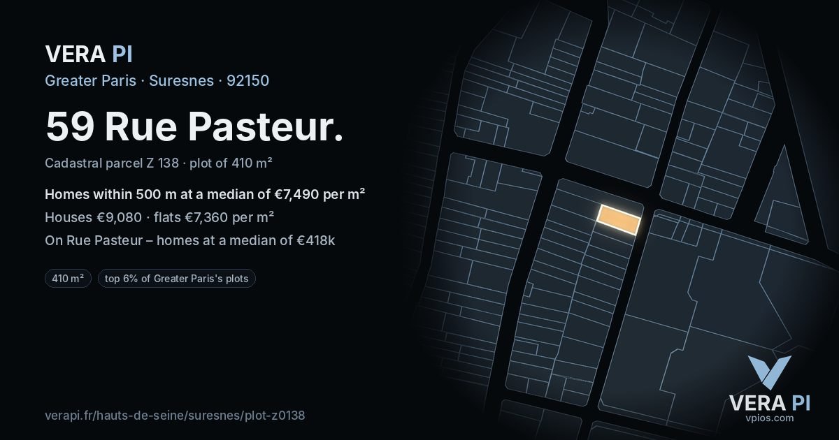 59 Rue Pasteur, Suresnes at night – the plot lit, the parcels around coloured by the prices near them