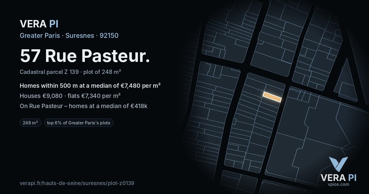 57 Rue Pasteur, Suresnes at night – the plot lit, the parcels around coloured by the prices near them