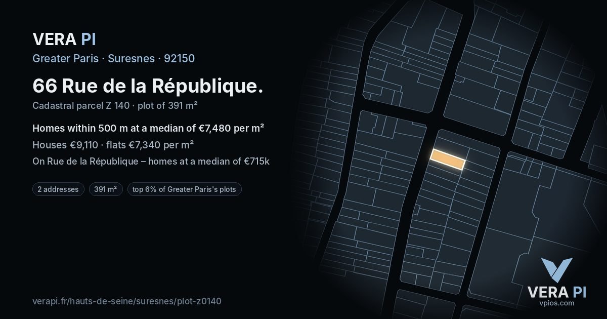 66 Rue de la République, Suresnes at night – the plot lit, the parcels around coloured by the prices near them