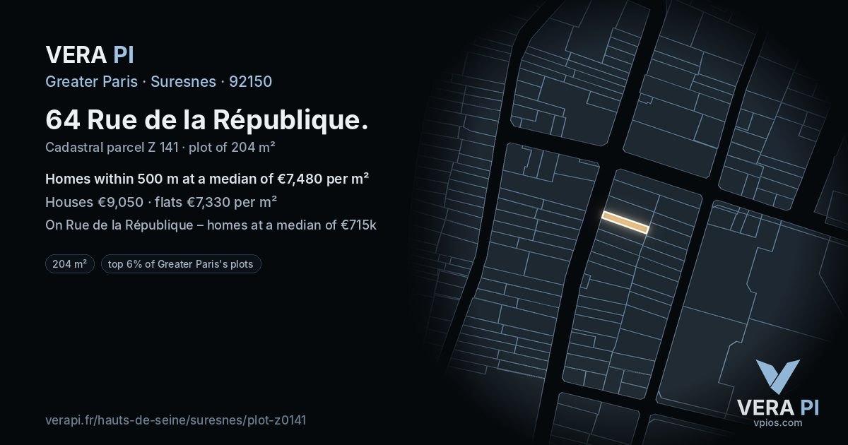 64 Rue de la République, Suresnes at night – the plot lit, the parcels around coloured by the prices near them