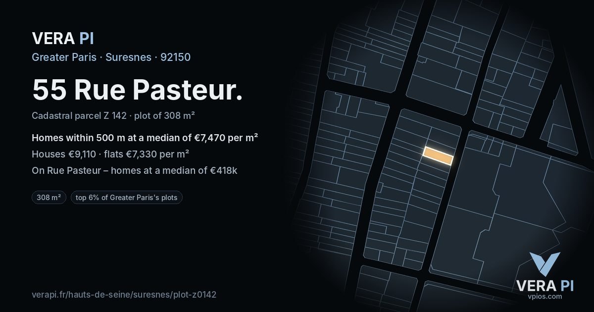 55 Rue Pasteur, Suresnes at night – the plot lit, the parcels around coloured by the prices near them