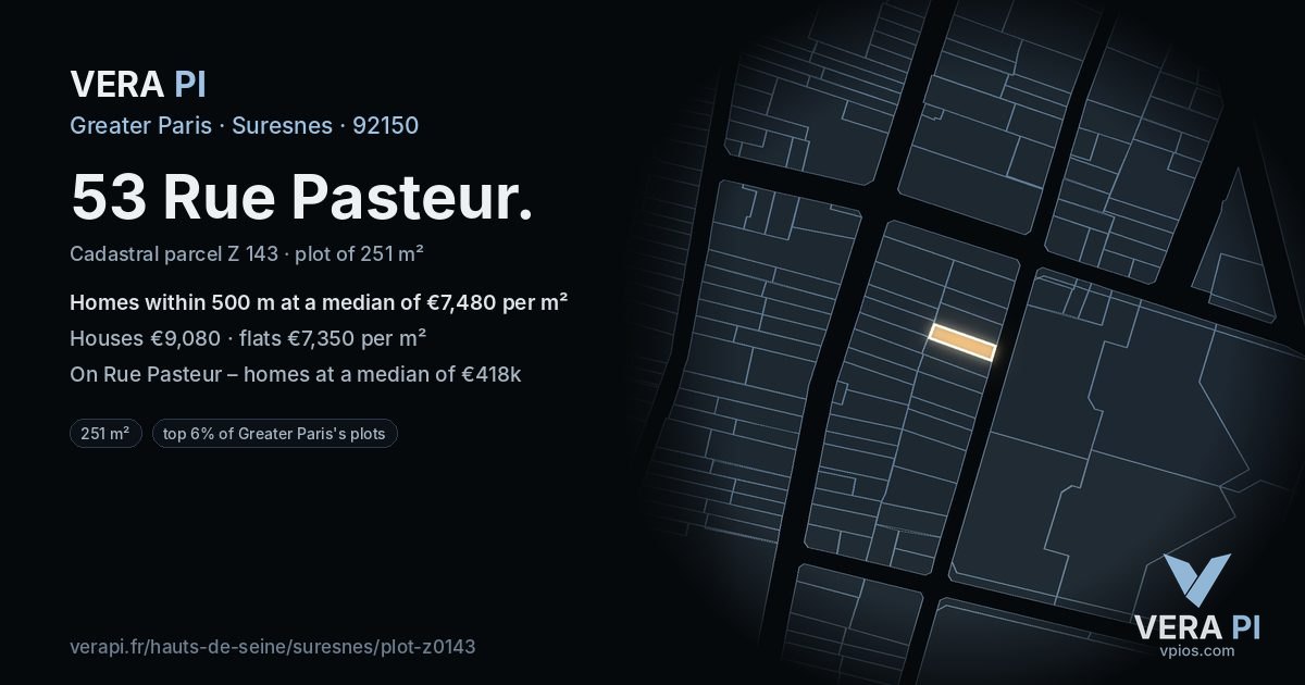 53 Rue Pasteur, Suresnes at night – the plot lit, the parcels around coloured by the prices near them