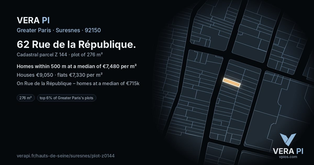 62 Rue de la République, Suresnes at night – the plot lit, the parcels around coloured by the prices near them