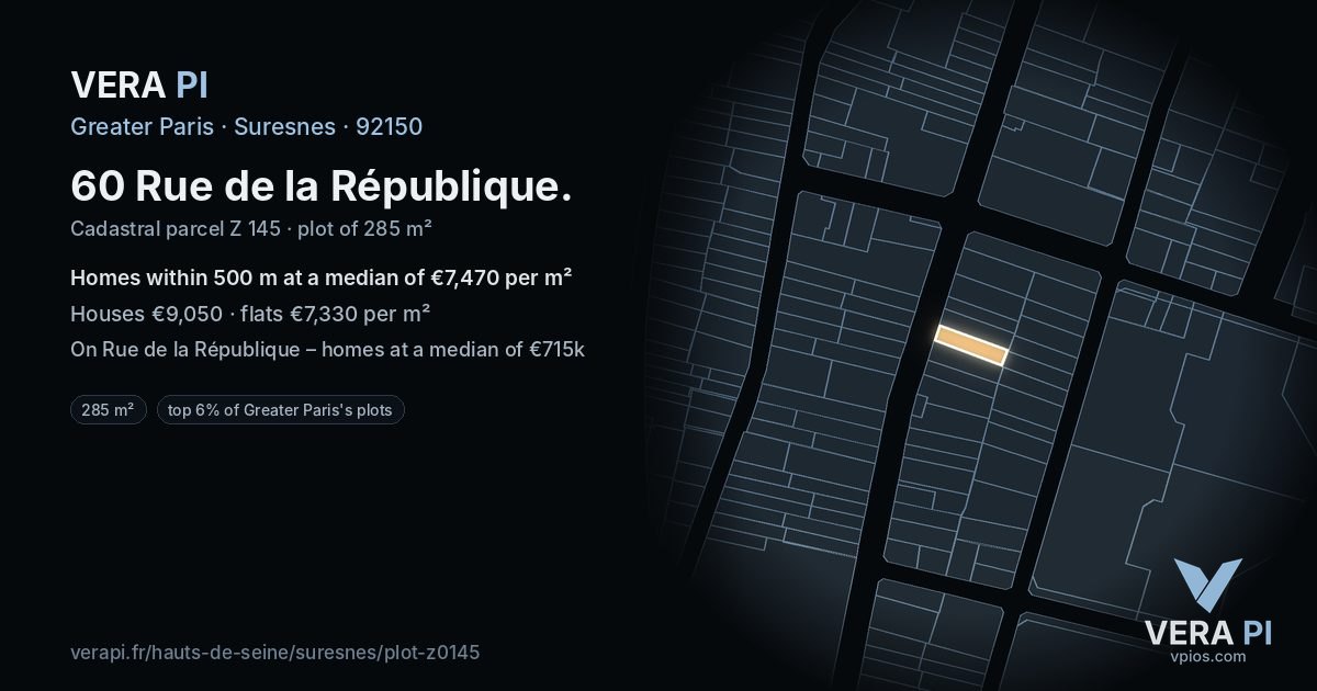 60 Rue de la République, Suresnes at night – the plot lit, the parcels around coloured by the prices near them