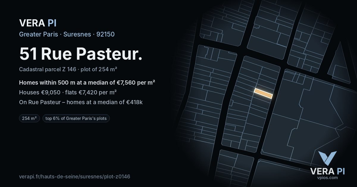 51 Rue Pasteur, Suresnes at night – the plot lit, the parcels around coloured by the prices near them