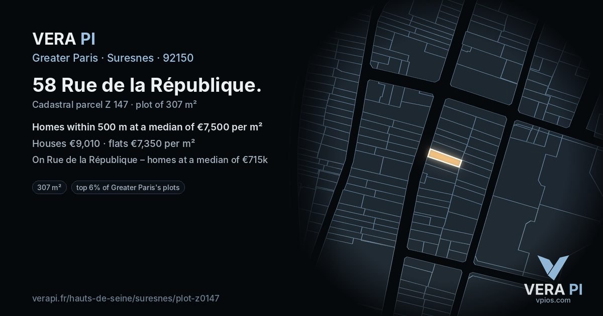 58 Rue de la République, Suresnes at night – the plot lit, the parcels around coloured by the prices near them