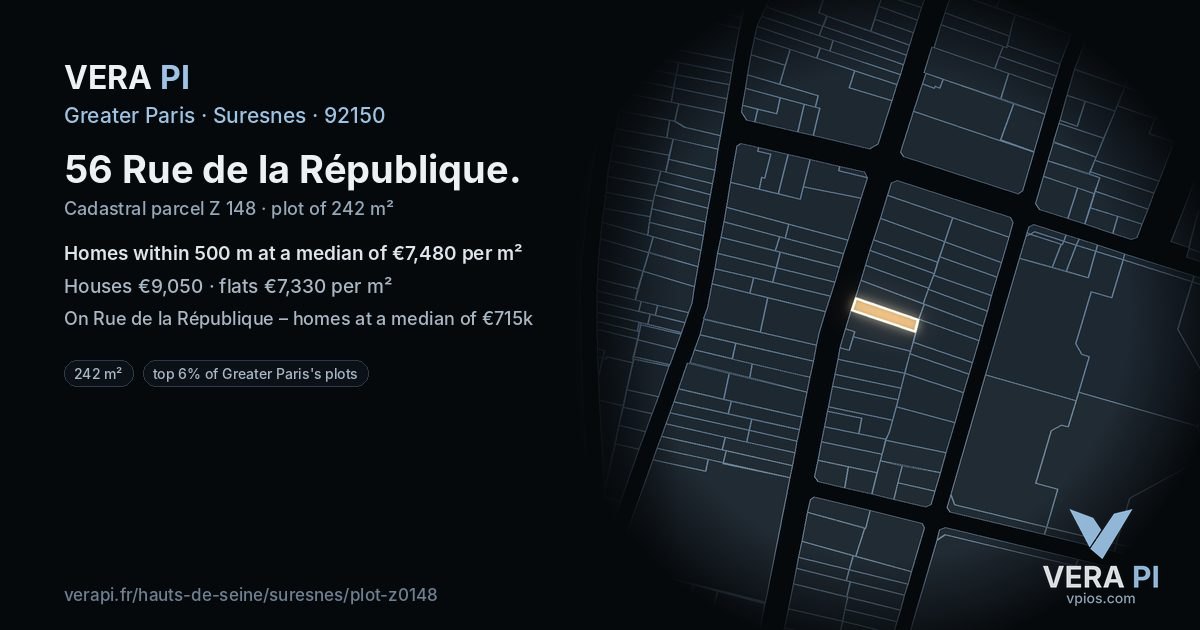 56 Rue de la République, Suresnes at night – the plot lit, the parcels around coloured by the prices near them