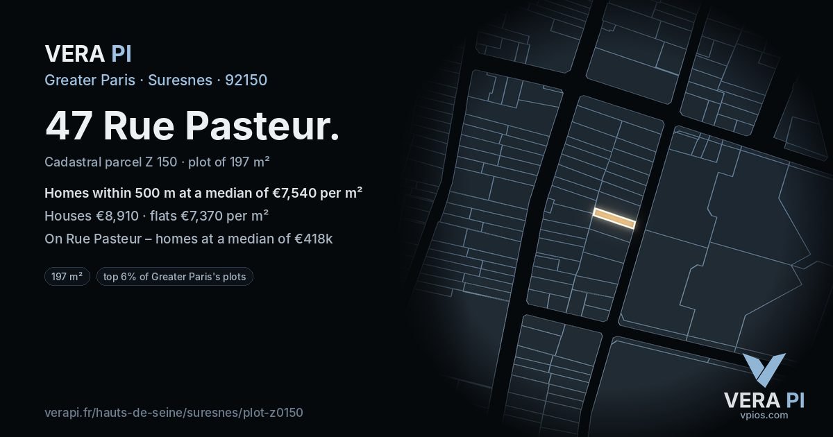47 Rue Pasteur, Suresnes at night – the plot lit, the parcels around coloured by the prices near them